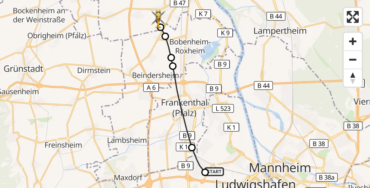 Flugroute Rettungshubschrauber Ludwigshafen Accident Hospital - Worms, 22 August 2026, 15:47