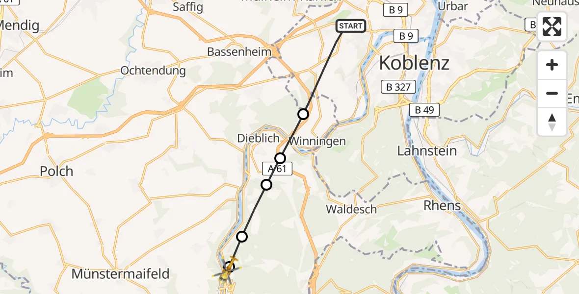 Flugroute Rettungshubschrauber Koblenz - Alken, 22 August 2026, 15:51