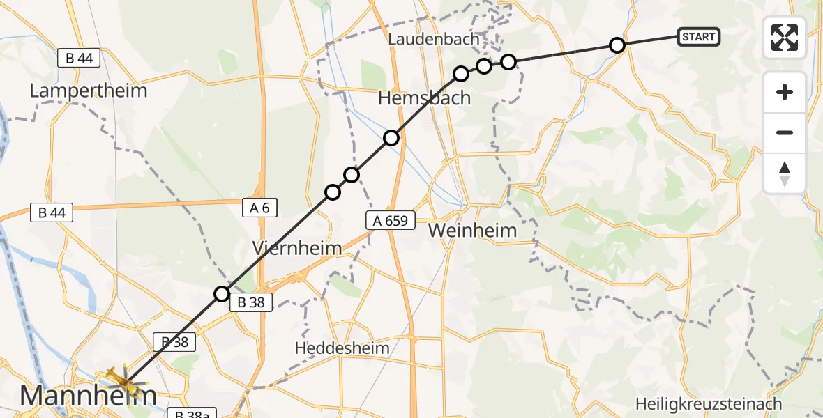 Flugroute Rettungshubschrauber Rimbach - Mannheim, 22 August 2026, 16:11