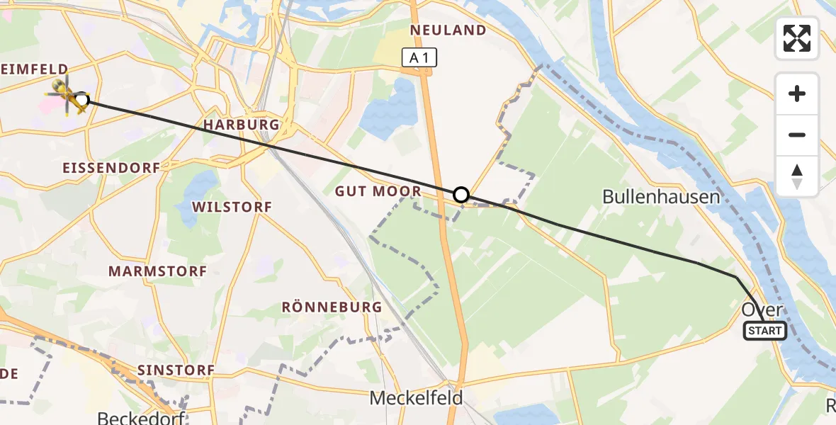 Flugroute Rettungshubschrauber Seevetal - Asklepios Hospital Harburg, 22 August 2026, 16:12