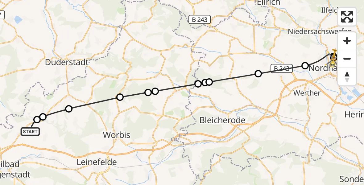Flugroute Rettungshubschrauber Reinholterode - Südharz Hospital Nordhausen, 22 August 2026, 16:15