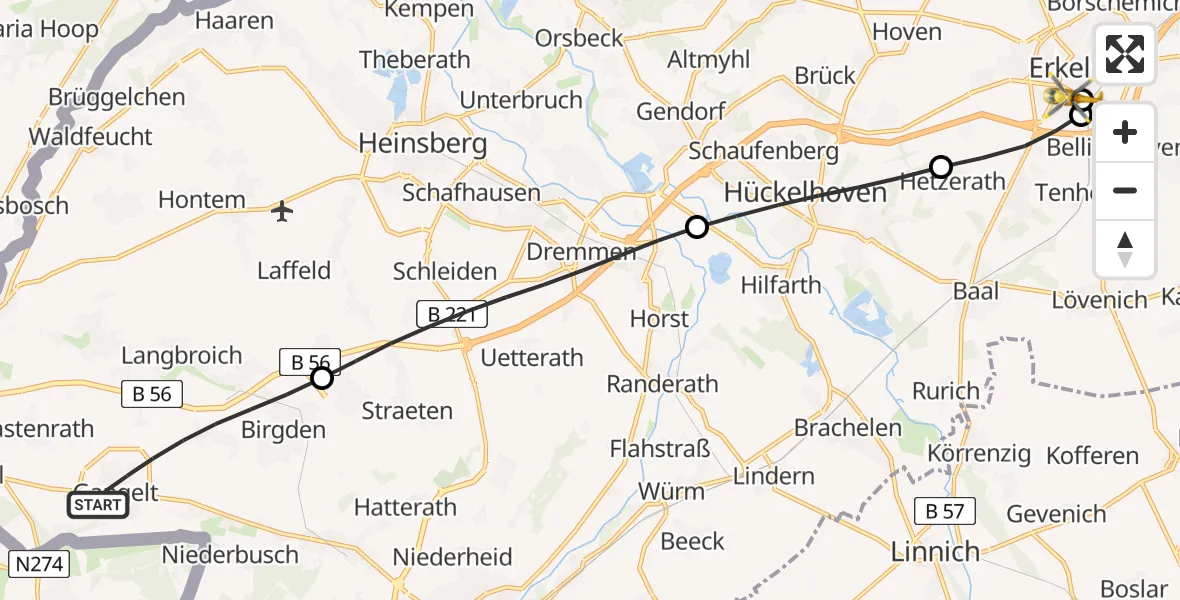 Flugroute Rettungshubschrauber Gangelt - Hermann-Josef Hospital Erkelenz, 22 August 2026, 16:22