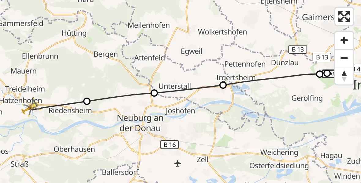 Flugroute Rettungshubschrauber Ingolstadt Hospital - Rennertshofen, 22 August 2026, 16:21