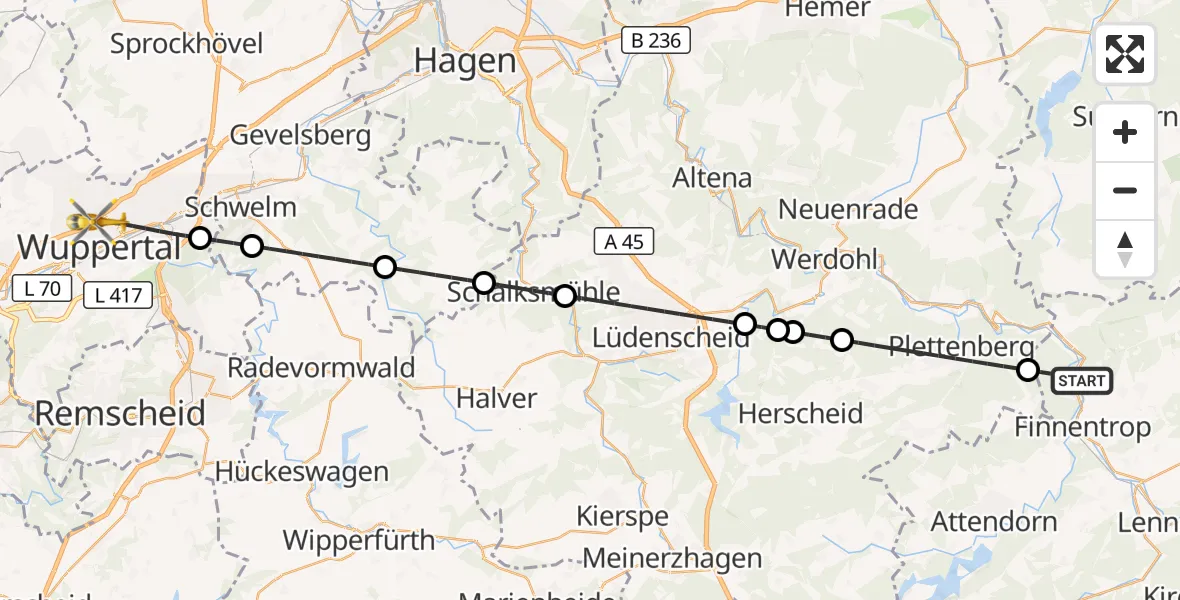 Flugroute Rettungshubschrauber Finnentrop - Wuppertal, 22 August 2026, 16:24