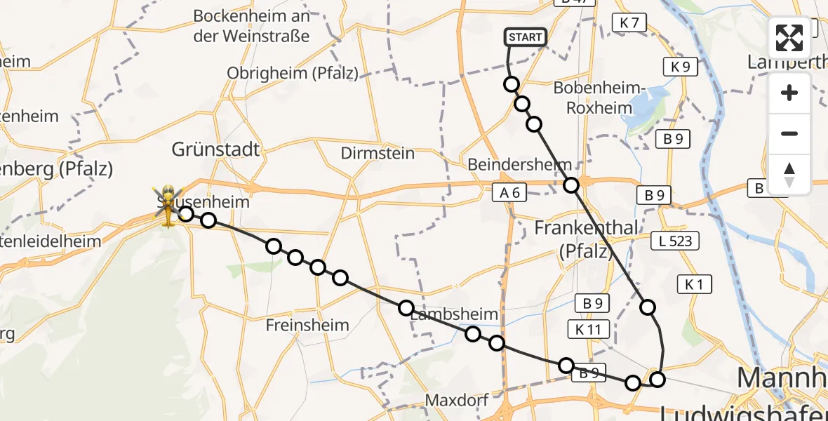 Flugroute Rettungshubschrauber Worms - Neuleiningen, 22 August 2026, 16:25