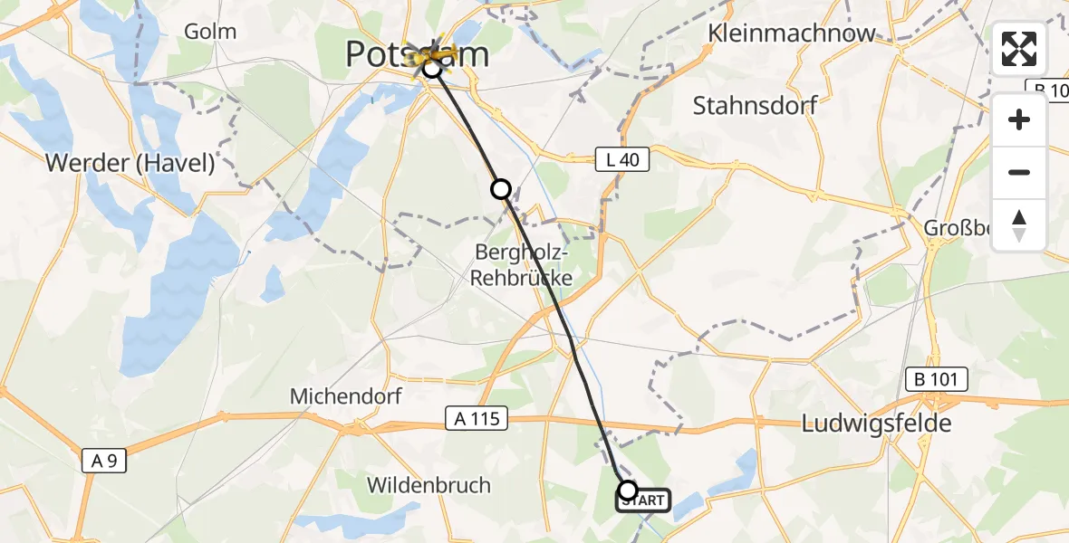 Flugroute Rettungshubschrauber Ludwigsfelde - Ernst von Bergmann Clinic Hubschrauberlandeplatz, 22 August 2026, 16:29