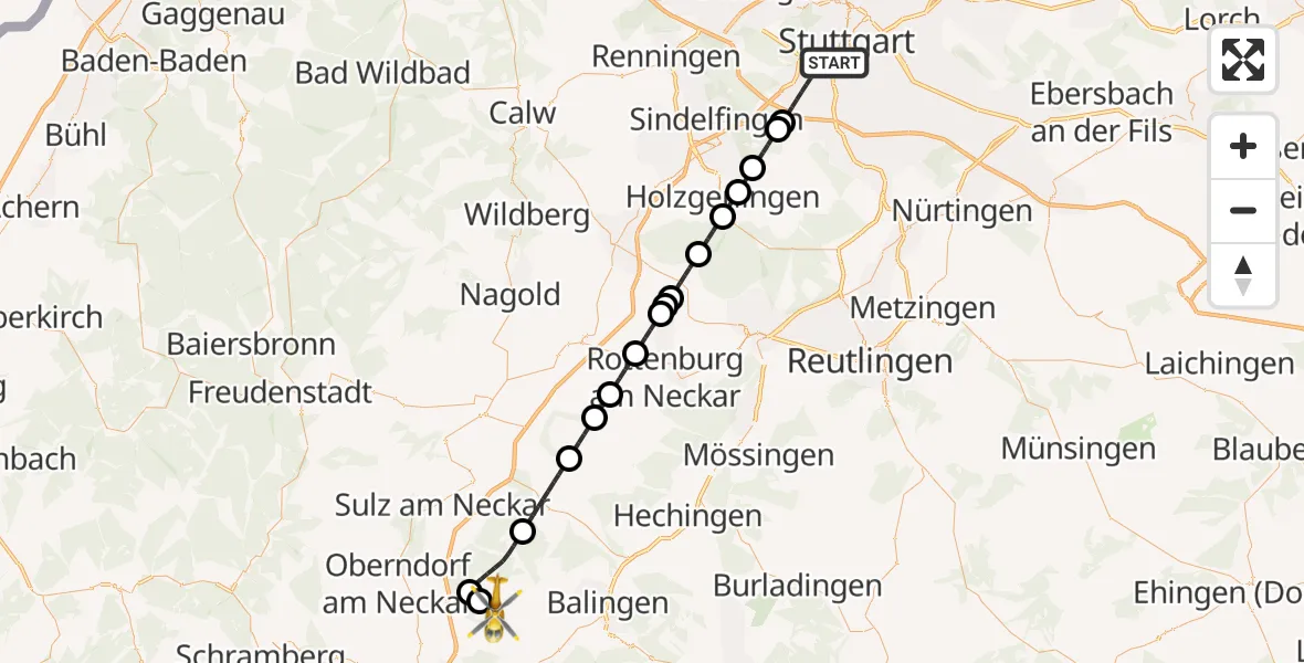 Flugroute Ambulanzhubschrauber Stuttgart - Rosenfeld, 22 August 2026, 16:30