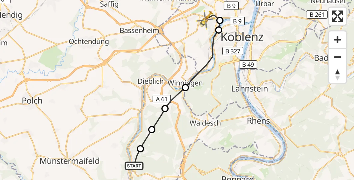 Flugroute Rettungshubschrauber Alken - Koblenz, 22 August 2026, 16:39