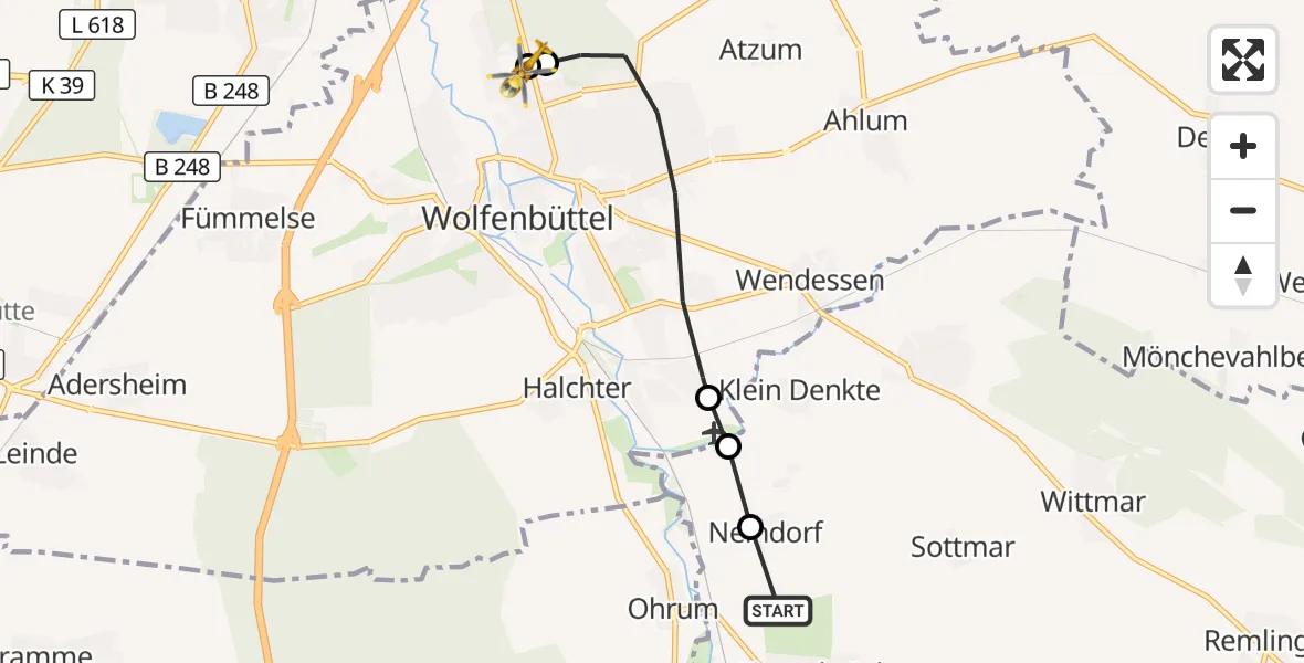 Flugroute Rettungshubschrauber Kissenbrück - Wolfenbüttel Municipal Hospital Heliport (Christoph 30), 22 August 2026, 16:43