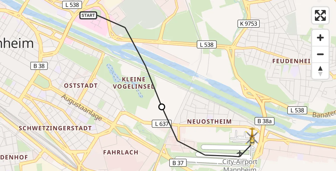Flugroute Rettungshubschrauber Mannheim - Mannheim-City Flughafen, 22 August 2026, 16:47