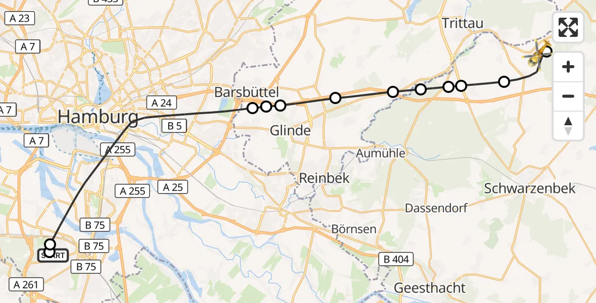 Flugroute Rettungshubschrauber Asklepios Hospital Harburg - Mühlenrade, 22 August 2026, 16:48