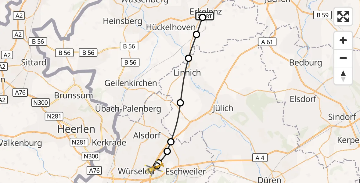 Flugroute Rettungshubschrauber Hermann-Josef Hospital Erkelenz - Aachen-Merzbrück Flughafen, 22 August 2026, 16:58