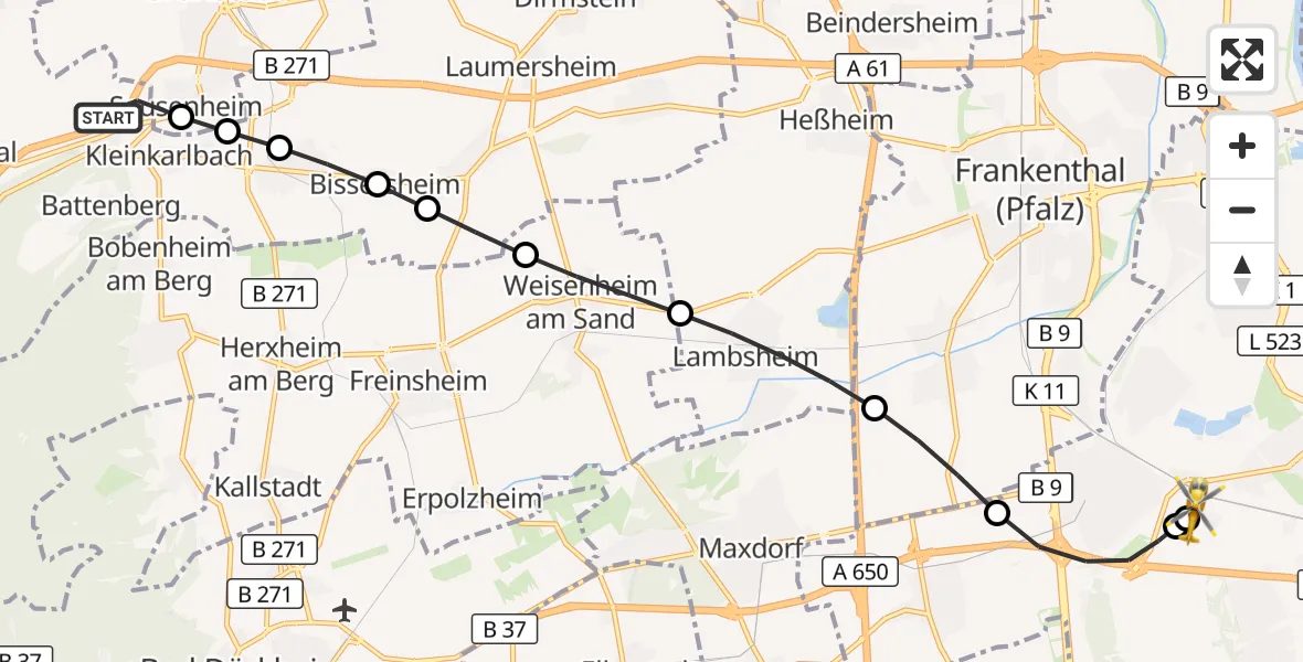 Flugroute Rettungshubschrauber Neuleiningen - Ludwigshafen Accident Hospital, 22 August 2026, 17:00