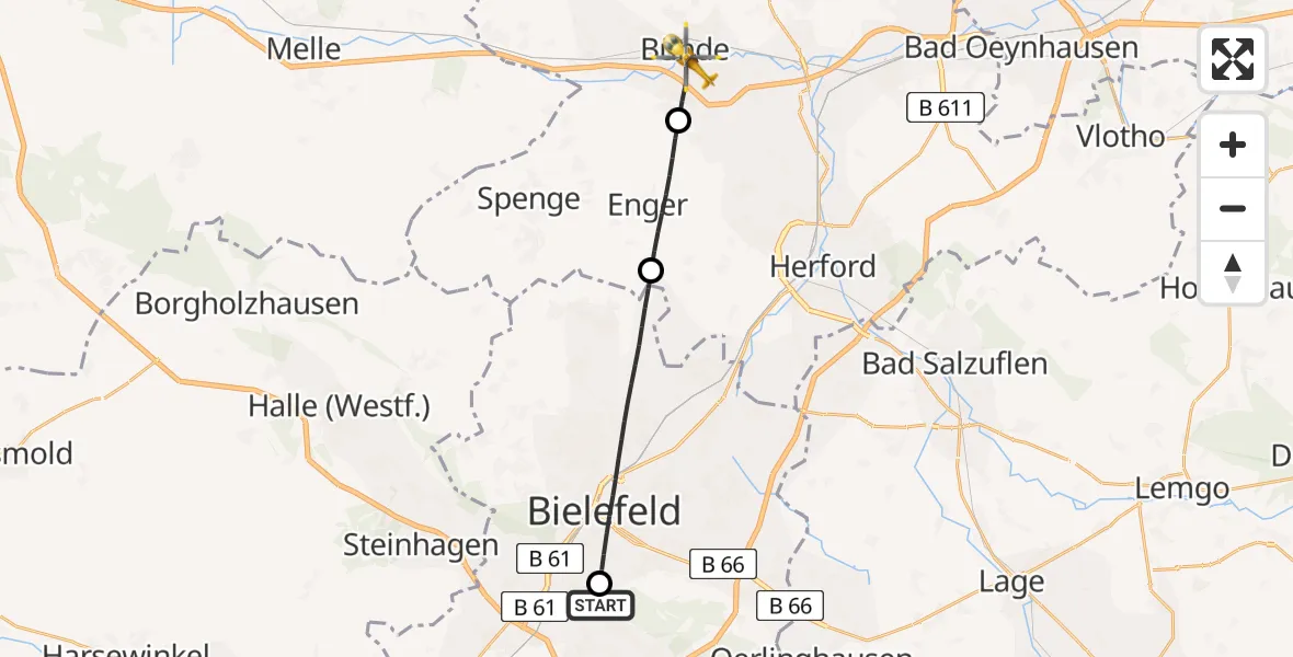 Flugroute Rettungshubschrauber Luftrettungszentrum Bielefeld - Bünde, 22 August 2026, 17:06