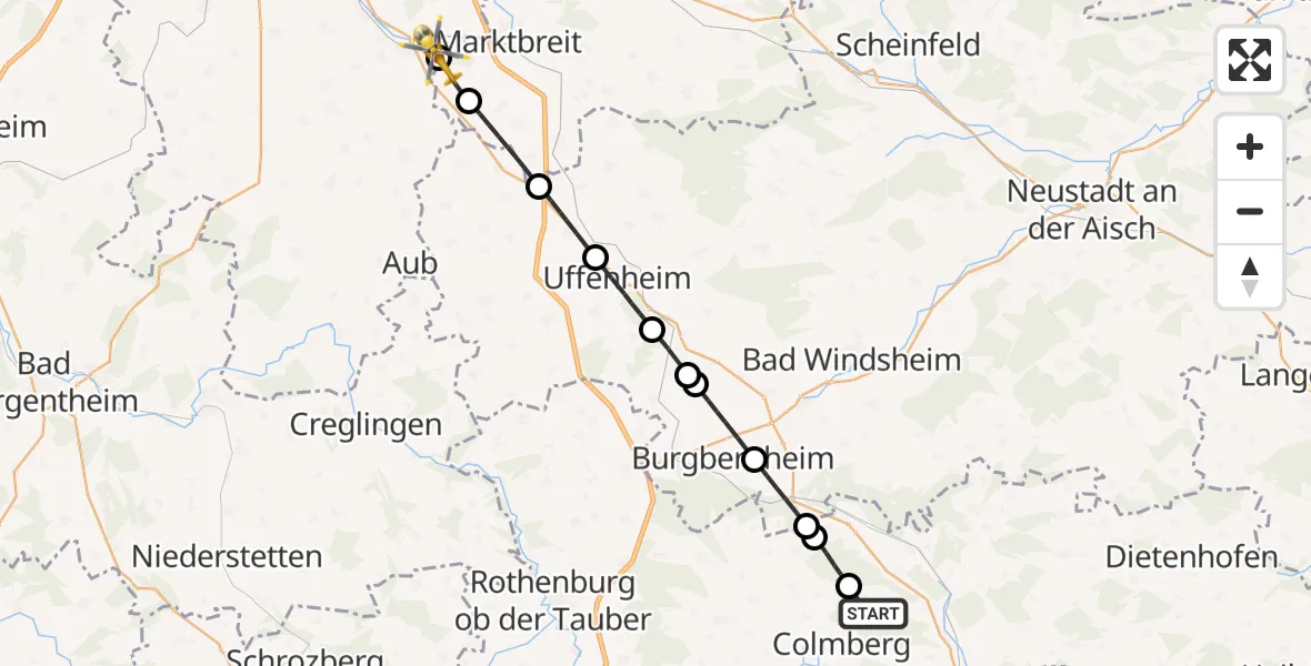 Flugroute Rettungshubschrauber Lehrberg - Ochsenfurt Hospital, 22 August 2026, 17:20
