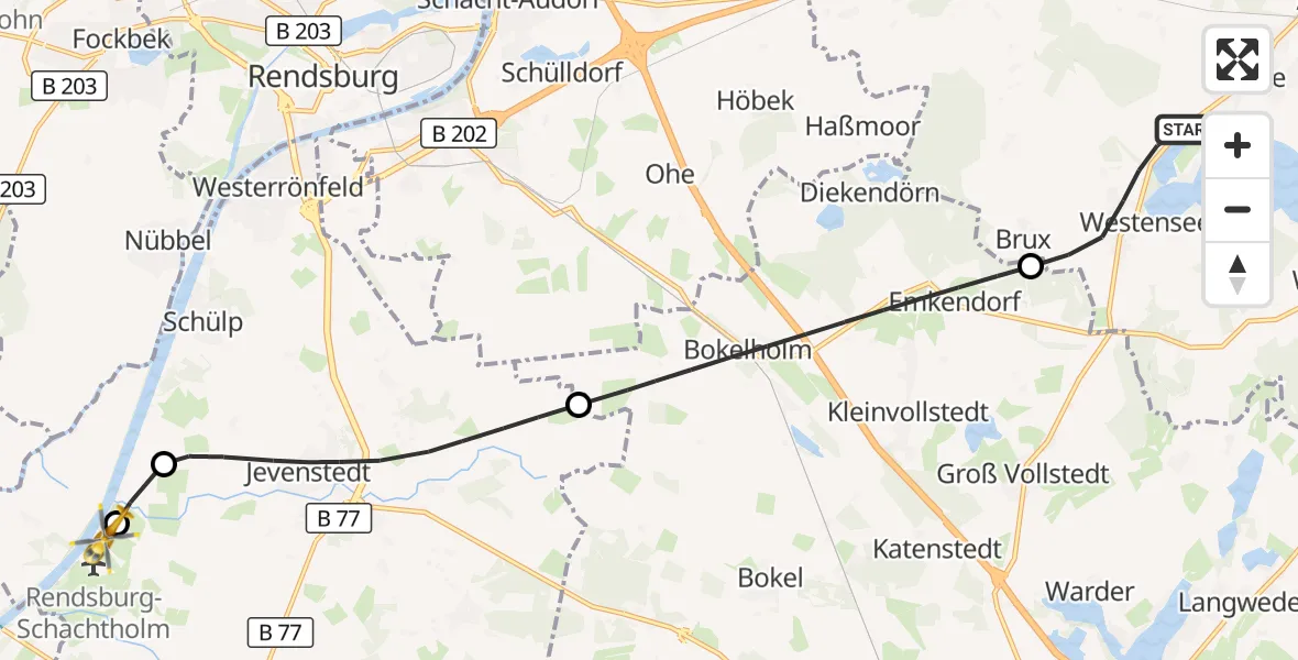 Flugroute Ambulanzhubschrauber Westensee - Rendsburg-Schachtholm Flugplatz, 22 August 2026, 17:28