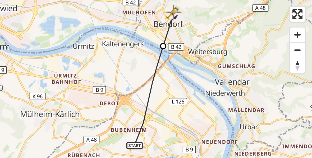 Flugroute Rettungshubschrauber Koblenz - Bendorf, 22 August 2026, 17:34
