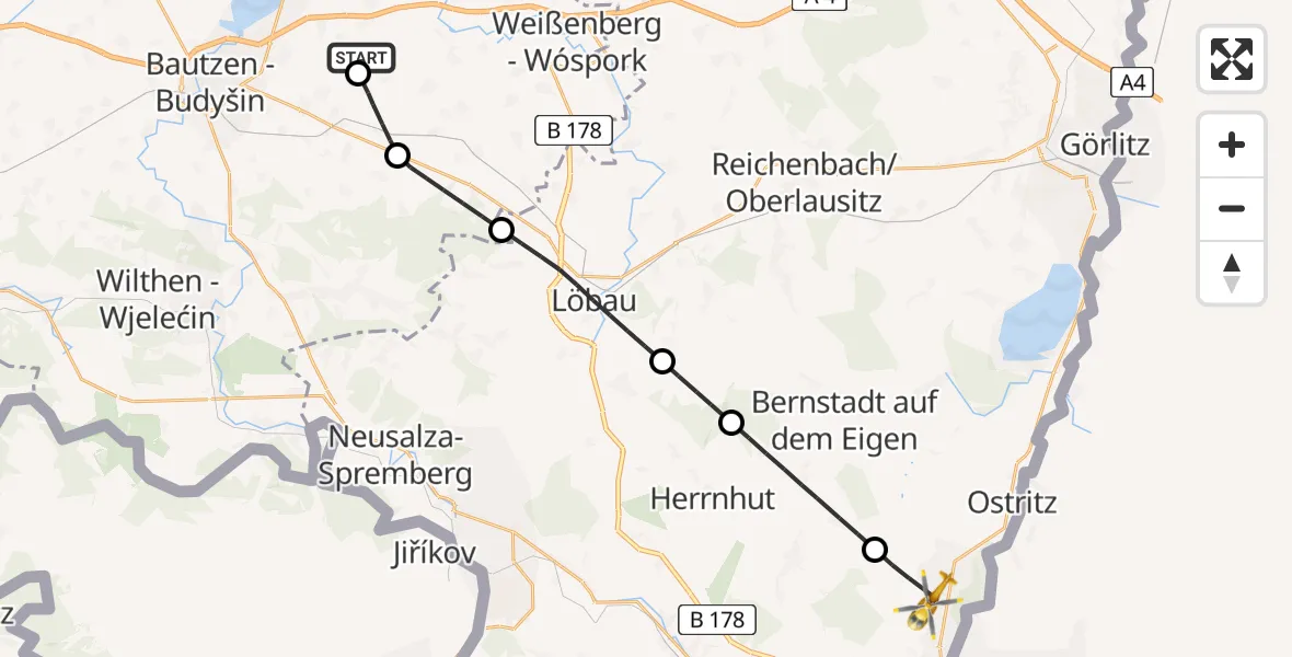 Flugroute Rettungshubschrauber Bautzen Flugplatz - Zittau, 22 August 2026, 17:47