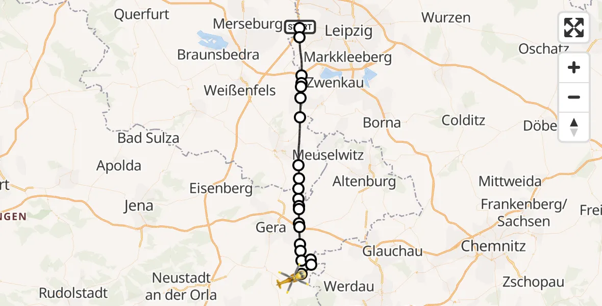 Flugroute Rettungshubschrauber ADAC Air Rescue Station Leipzig/Schkeuditz-Dölzig Hubschrauberlandeplatz (Christoph 61) - Berga-Wünschendorf, 22 August 2026, 17:55