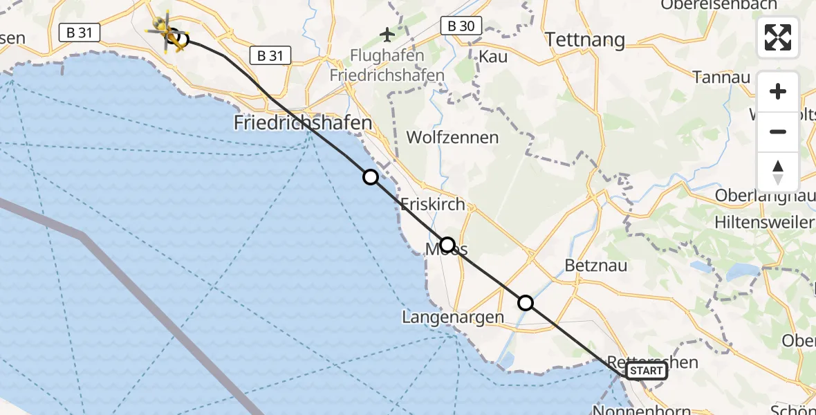 Flugroute Rettungshubschrauber Kressbronn am Bodensee - Friedrichshafen Hospital, 22 August 2026, 17:57