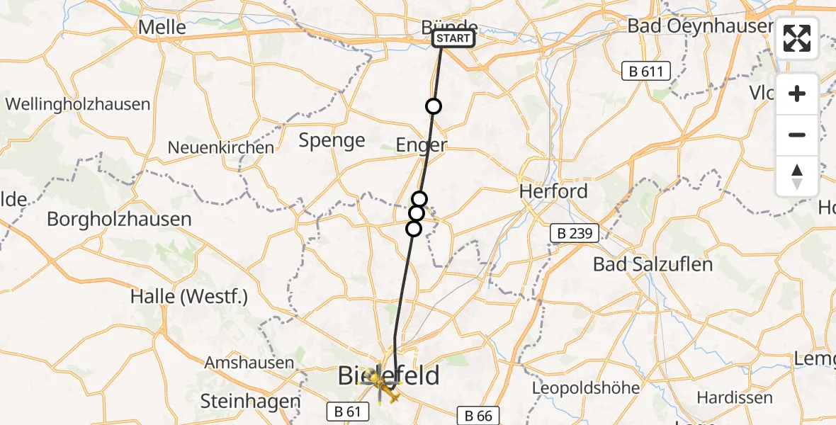 Flugroute Rettungshubschrauber Bünde - Bielefeld, 22 August 2026, 18:00