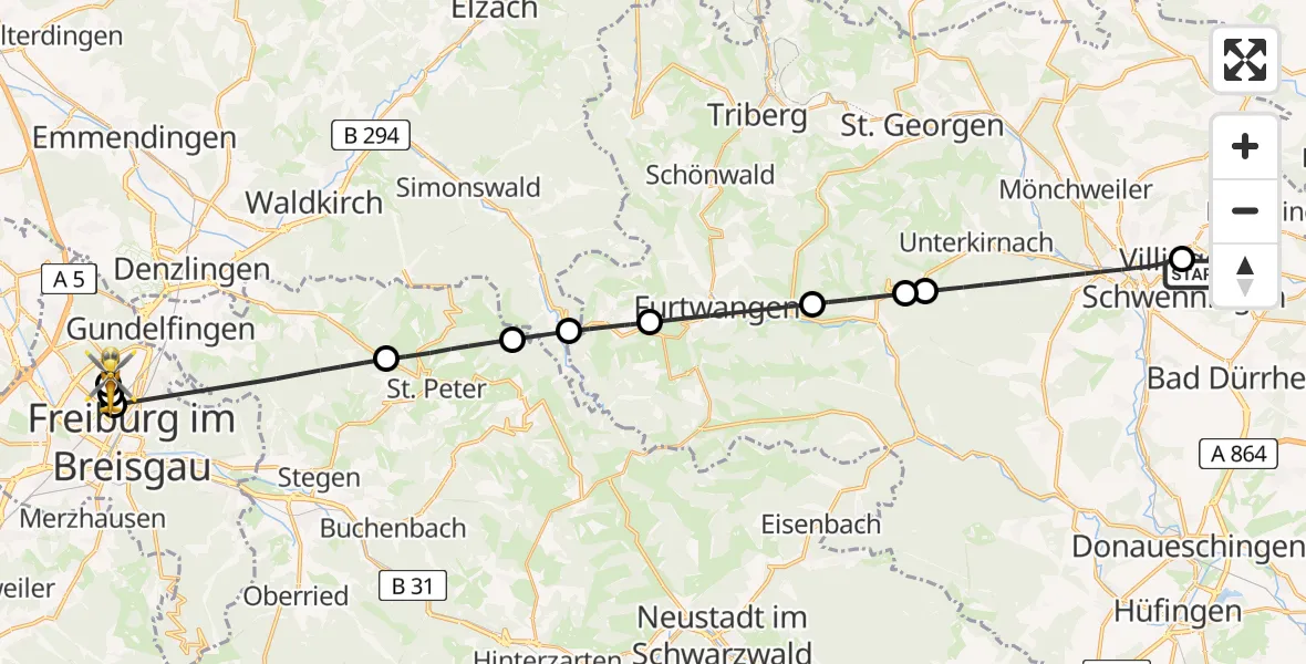 Flugroute Ambulanzhubschrauber DRF Air Rescue Station Villingen-Schwenningen Hubschrauberlandeplatz (Christoph 11) - Freiburg im Breisgau Flugplatz, 22 August 2026, 18:01