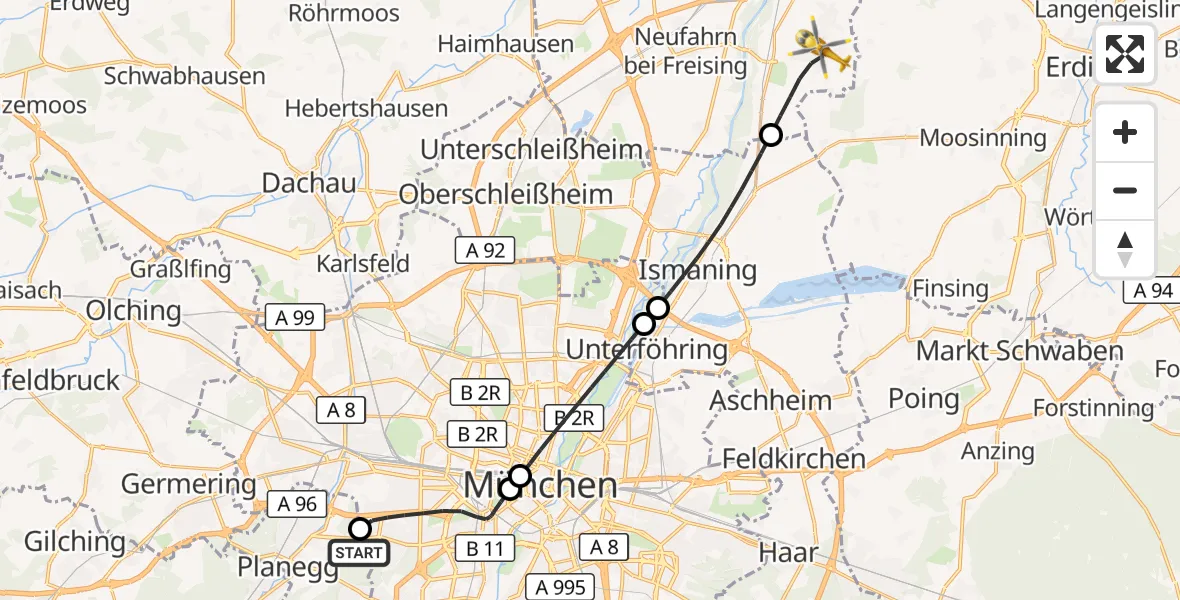 Flugroute Rettungshubschrauber DRF Air Rescue München Hubschrauberlandeplatz - Hallbergmoos, 22 August 2026, 18:01