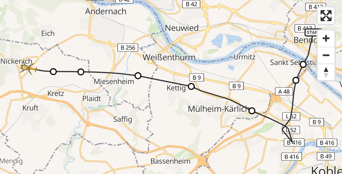Flugroute Rettungshubschrauber Bendorf - Nickenich, 22 August 2026, 18:02
