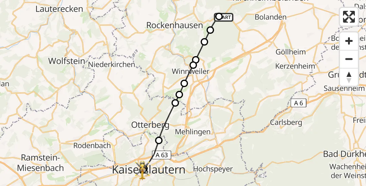 Flugroute Rettungshubschrauber Kirchheimbolanden - Westpfalz Hospital Kaiserslautern, 22 August 2026, 18:16