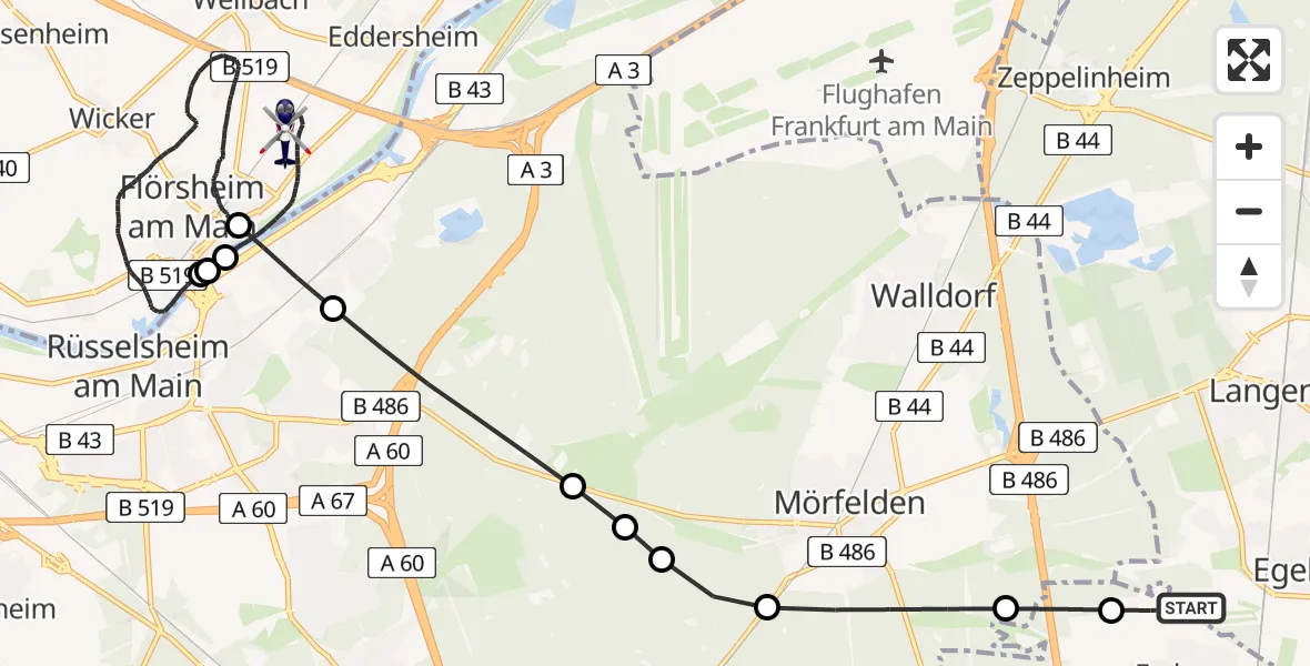 Flugroute Polizeihubschrauber Flughafen Frankfurt-Egelsbach - Flörsheim am Main, 22 August 2026, 18:23