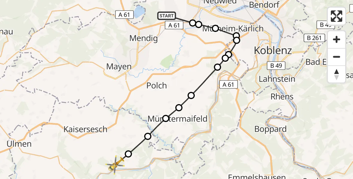 Flugroute Rettungshubschrauber Nickenich - Klotten, 22 August 2026, 18:29