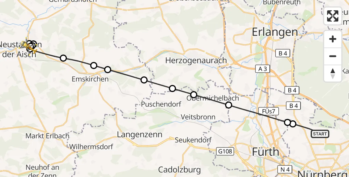 Flugroute Rettungshubschrauber Flughafen Nuremberg - Neustadt Hospital, 22 August 2026, 18:33