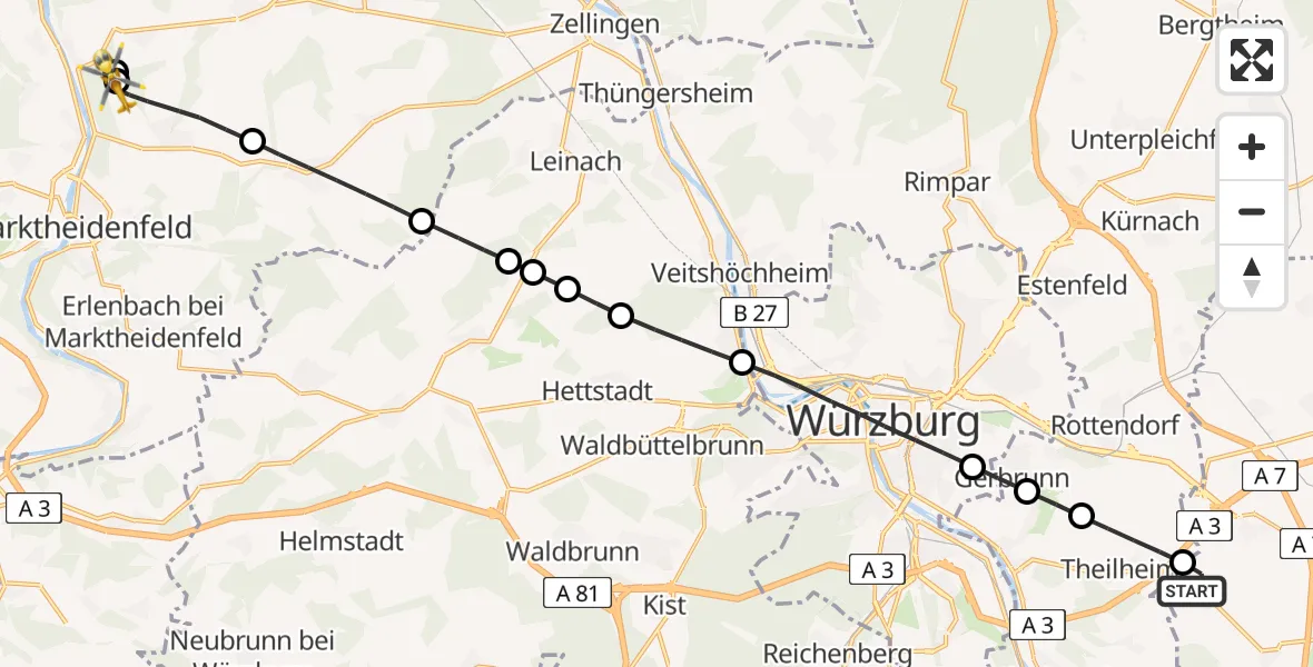 Flugroute Rettungshubschrauber Biebelried - Karbach, 22 August 2026, 18:35