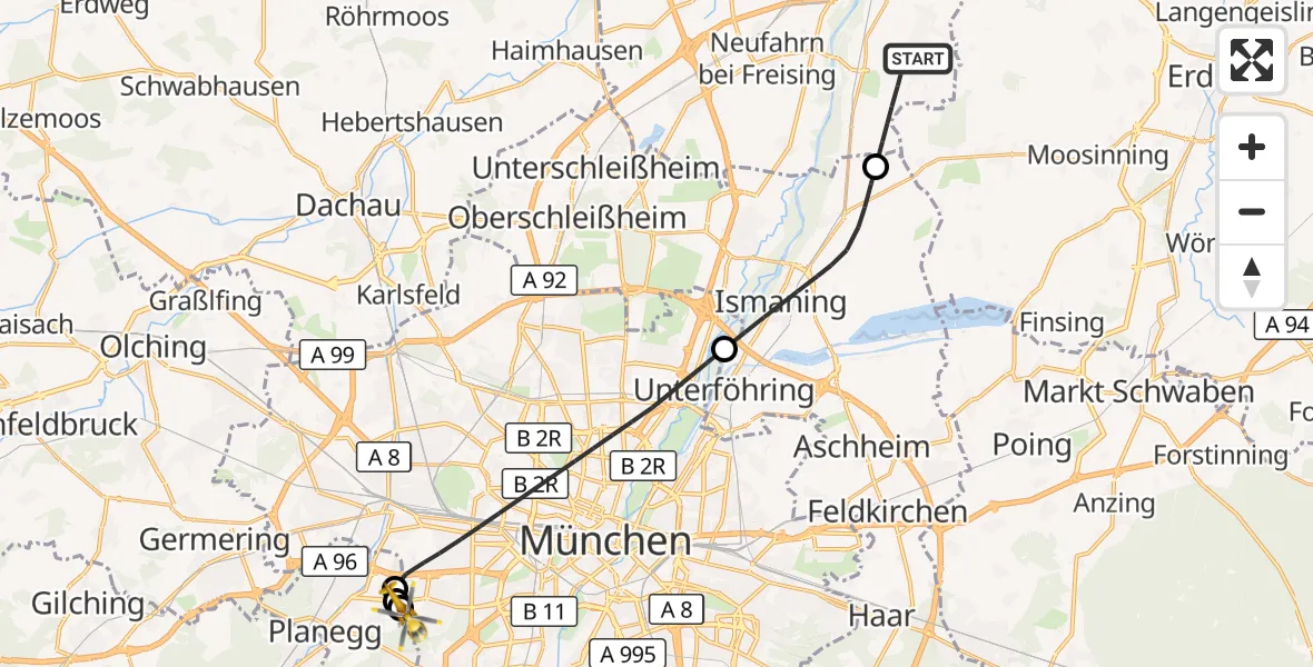 Flugroute Rettungshubschrauber Hallbergmoos - DRF Air Rescue München Hubschrauberlandeplatz, 22 August 2026, 18:41