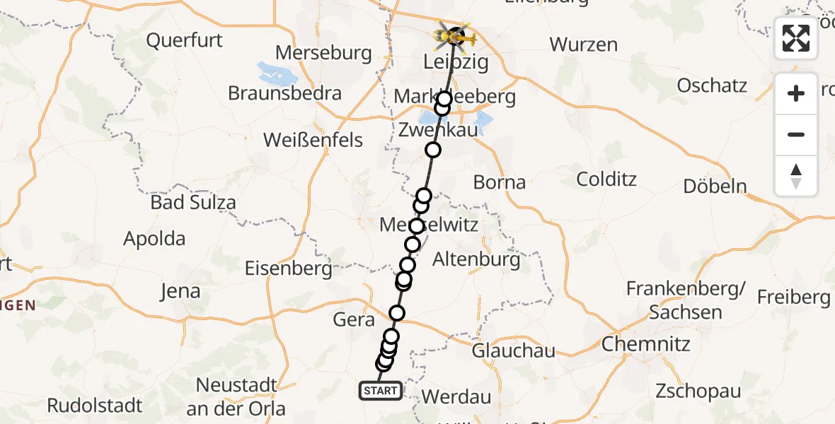 Flugroute Rettungshubschrauber Berga-Wünschendorf - Sankt Georg Hospital Leipzig Reserve, 22 August 2026, 18:42