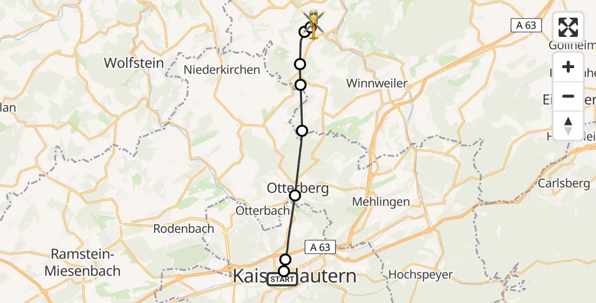Flugroute Rettungshubschrauber Westpfalz Hospital Kaiserslautern - Rockenhausen, 22 August 2026, 18:43
