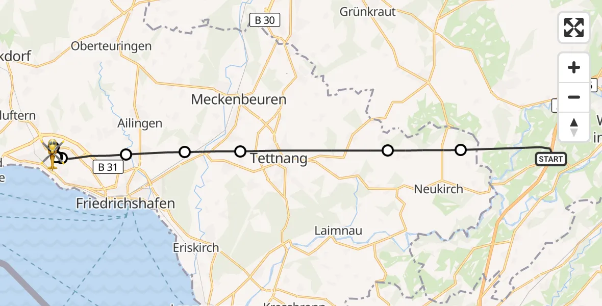 Flugroute Rettungshubschrauber Wangen im Allgäu - Friedrichshafen Hospital, 22 August 2026, 18:46