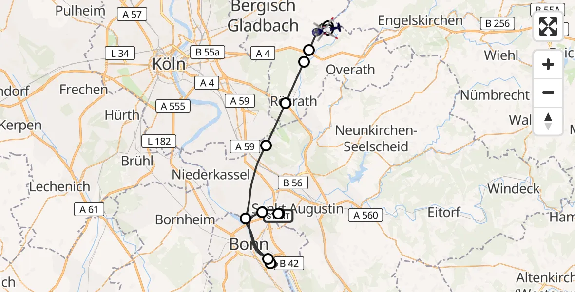 Flugroute Polizeihubschrauber Sankt Augustin - Bergisch Gladbach, 22 August 2026, 18:49