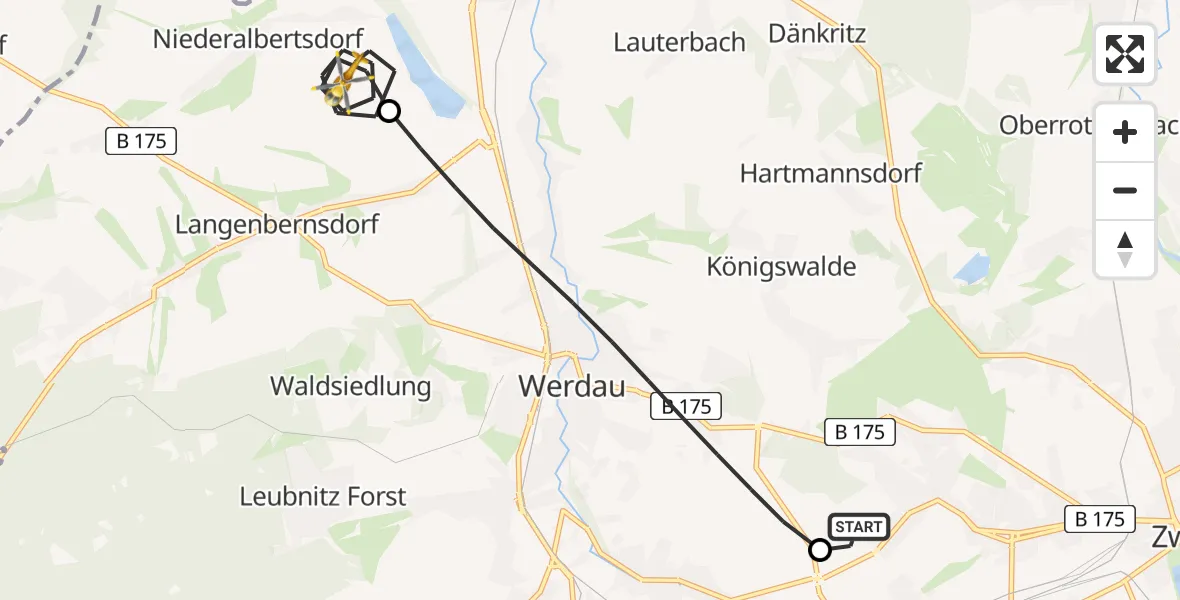 Flugroute Rettungshubschrauber ADAC Air Rescue Station Zwickau Hubschrauberlandeplatz - Langenbernsdorf, 22 August 2026, 18:54