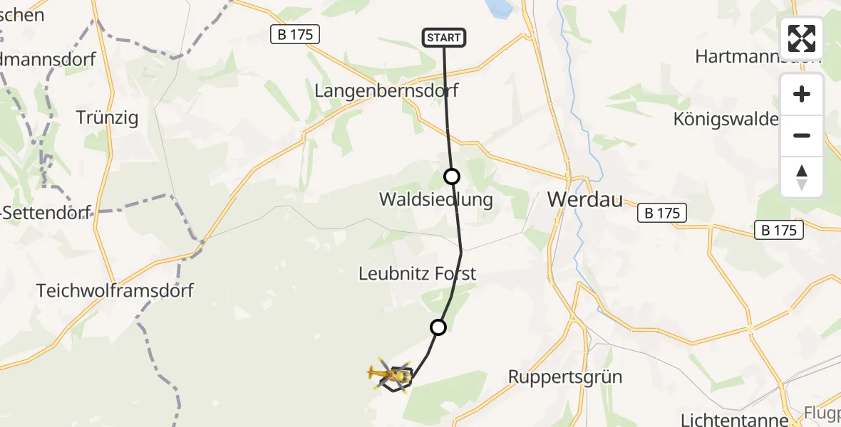 Flugroute Rettungshubschrauber Langenbernsdorf - Fraureuth, 22 August 2026, 19:05