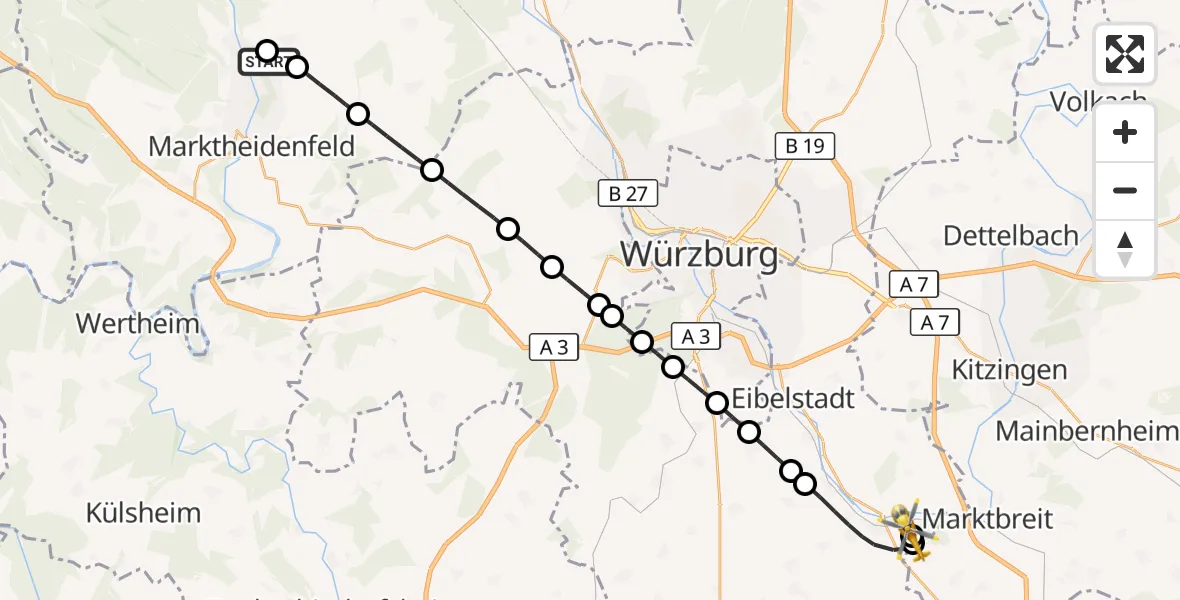 Flugroute Rettungshubschrauber Karbach - Ochsenfurt Hospital, 22 August 2026, 19:07