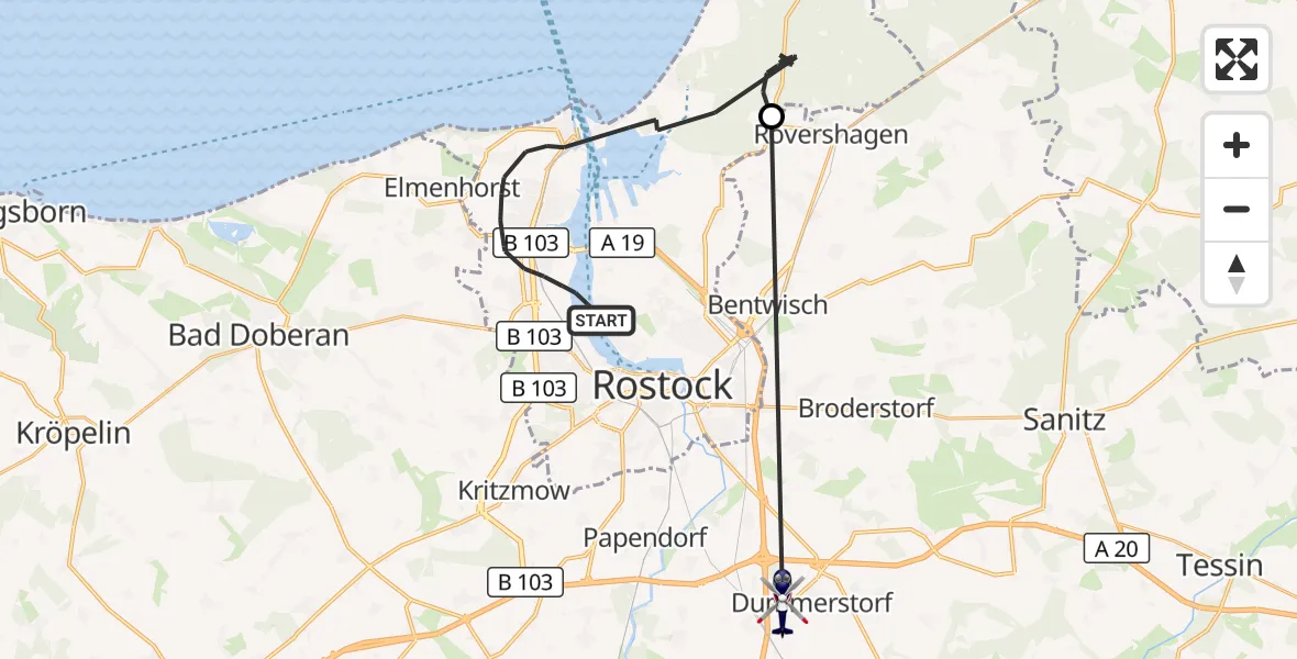 Flugroute Polizeihubschrauber Rostock - Dummerstorf, 22 August 2026, 19:14