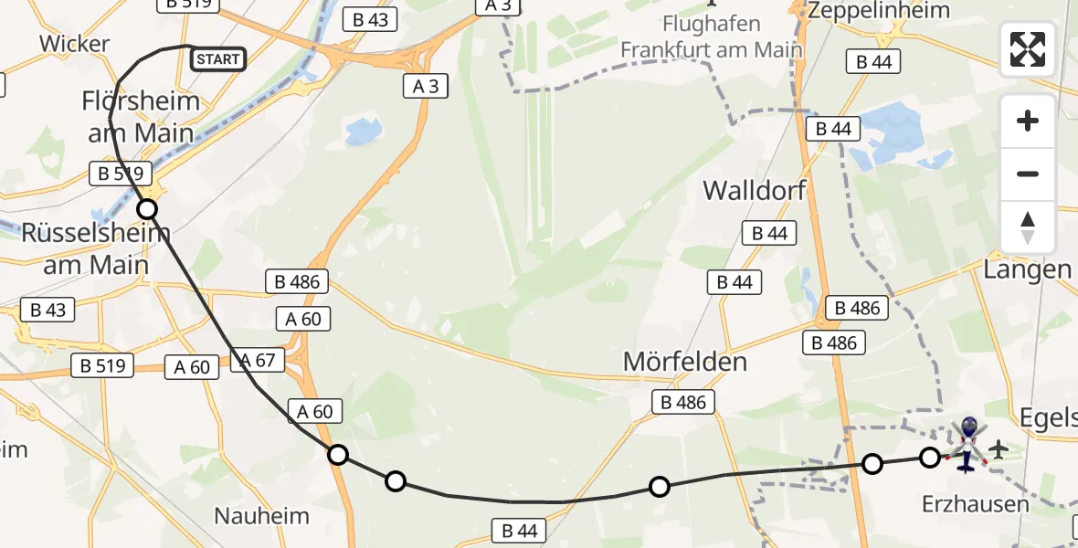 Flugroute Polizeihubschrauber Flörsheim am Main - Flughafen Frankfurt-Egelsbach, 22 August 2026, 19:17
