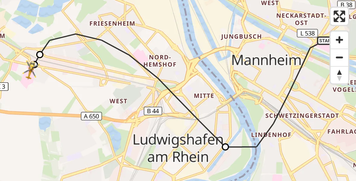 Flugroute Rettungshubschrauber Mannheim - Ludwigshafen Accident Hospital, 22 August 2026, 19:21