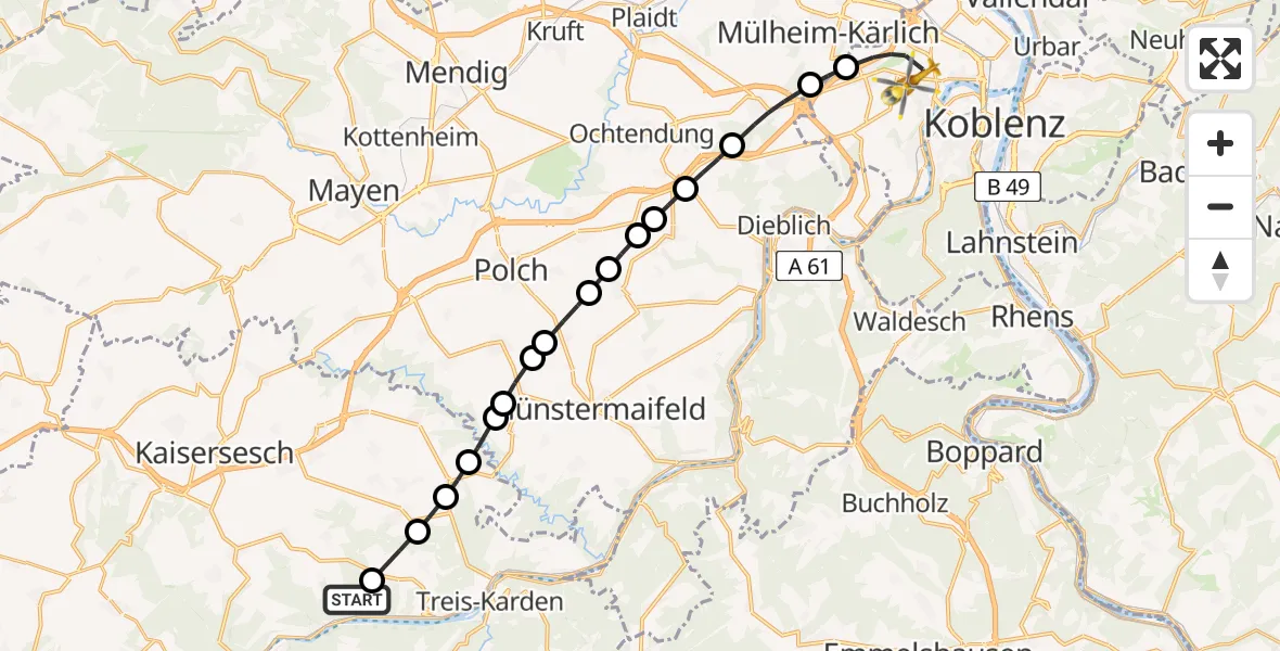 Flugroute Rettungshubschrauber Klotten - Koblenz, 22 August 2026, 19:21