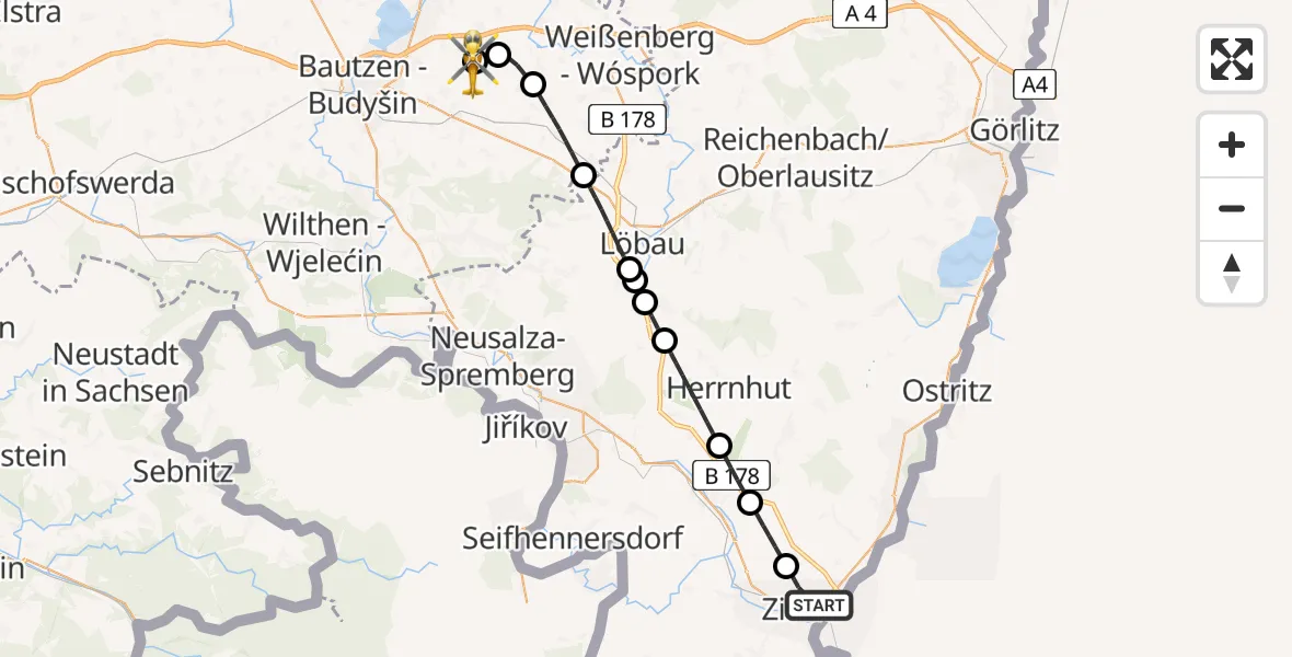 Flugroute Rettungshubschrauber Zittau - Bautzen Flugplatz, 22 August 2026, 19:28