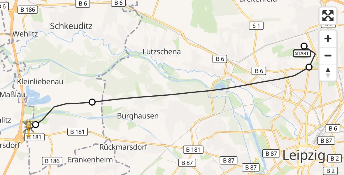 Flugroute Rettungshubschrauber Sankt Georg Hospital Leipzig Reserve - ADAC Air Rescue Station Leipzig/Schkeuditz-Dölzig Hubschrauberlandeplatz (Christoph 61), 22 August 2026, 19:28