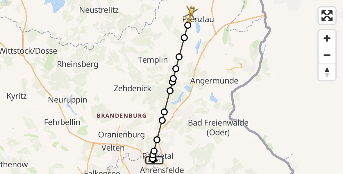 Flugroute Rettungshubschrauber Helios Clinic Berlin-Buch - Prenzlau, 22 August 2026, 19:30