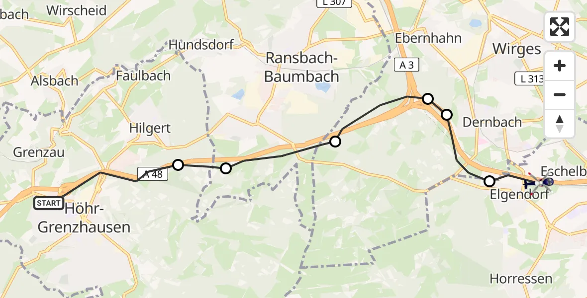 Flugroute Polizeihubschrauber Höhr-Grenzhausen - Montabaur, 22 August 2026, 19:31