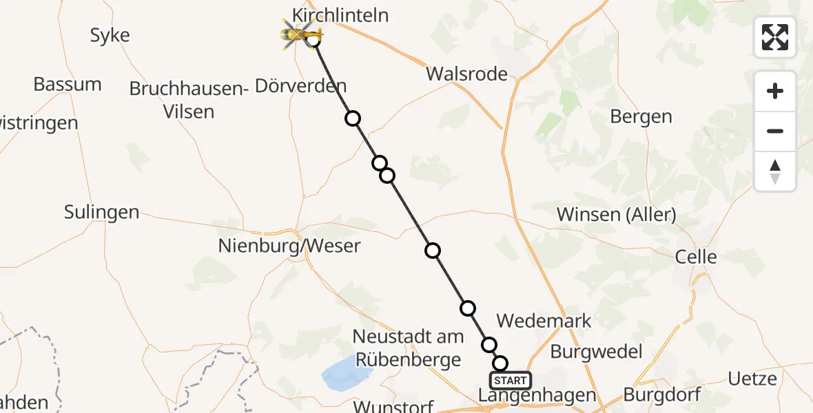 Flugroute Rettungshubschrauber Flughafen Hannover - Verden (Aller), 22 August 2026, 19:53